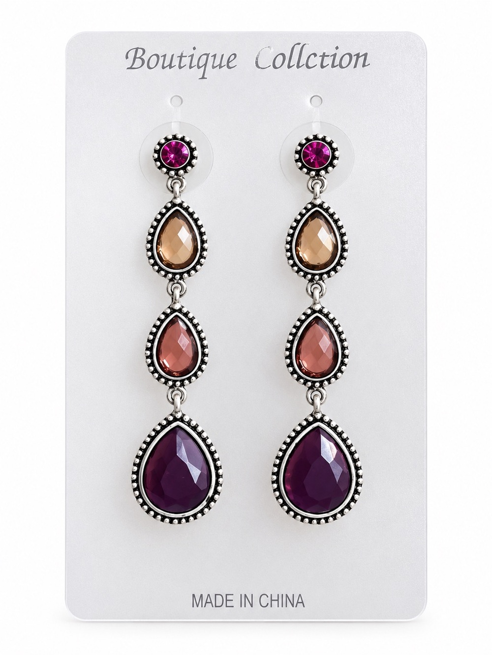 Boho Purple Pink Teardrop Statement Drop Earrings Silver Tone Boutique Chic NWT - Picture 1 of 5